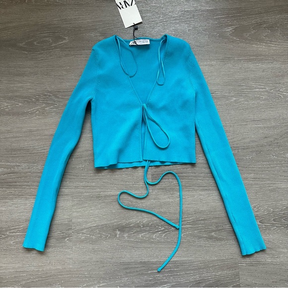 3 piece Matching Set - Ribbed Blue Cardigan Midi Pencil Skirt Crop Top - Picture 8 of 16